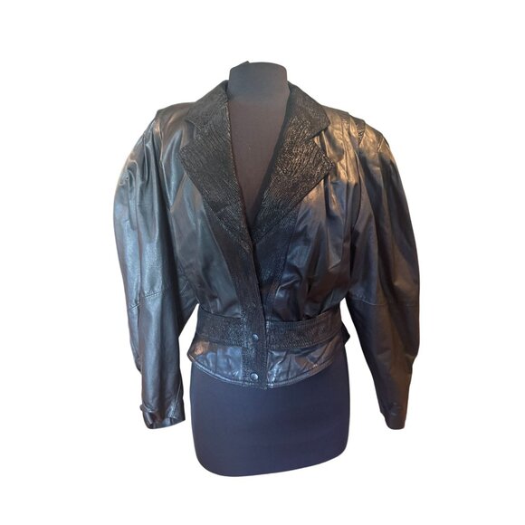 Vintage 80s Laura Rene Cropped Black Leather Jacket Puff Sleeve Blazer Style Siz - Picture 1 of 16